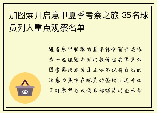 加图索开启意甲夏季考察之旅 35名球员列入重点观察名单
