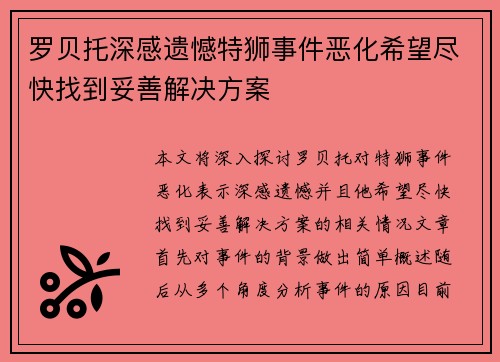罗贝托深感遗憾特狮事件恶化希望尽快找到妥善解决方案