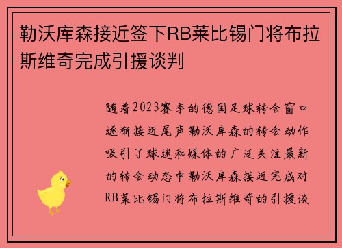 勒沃库森接近签下RB莱比锡门将布拉斯维奇完成引援谈判