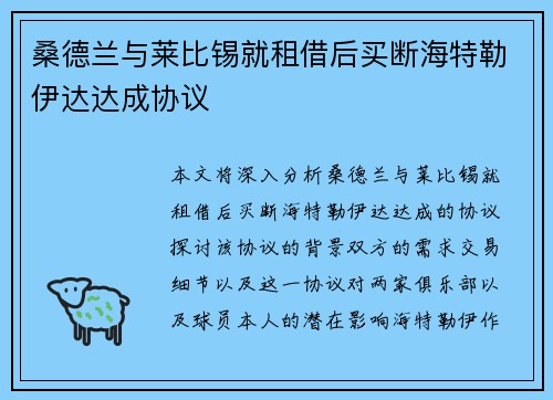 桑德兰与莱比锡就租借后买断海特勒伊达达成协议