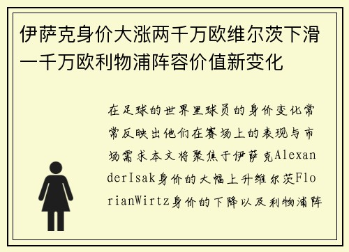 伊萨克身价大涨两千万欧维尔茨下滑一千万欧利物浦阵容价值新变化
